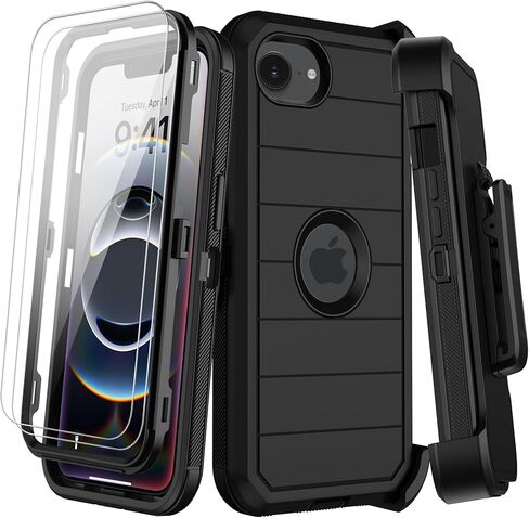 for iPhone 16e Case with Belt Clip Holster,Screen Protector X2,Heavy Duty Shockproof Drop Protection Military Grade 3 Layers Full Covered Rugged Durable Phone Cover for Apple 16e (Black Orange) in Saudi Arabia