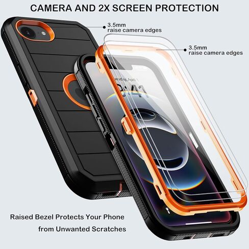for iPhone 16e Case with Belt Clip Holster,Screen Protector X2,Heavy Duty Shockproof Drop Protection Military Grade 3 Layers Full Covered Rugged Durable Phone Cover for Apple 16e (Black Orange) in Saudi Arabia