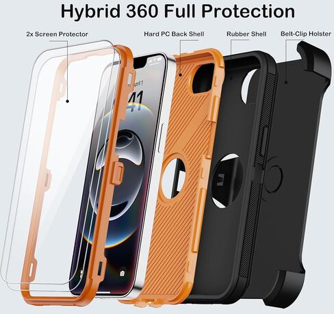 for iPhone 16e Case with Belt Clip Holster,Screen Protector X2,Heavy Duty Shockproof Drop Protection Military Grade 3 Layers Full Covered Rugged Durable Phone Cover for Apple 16e (Black Orange) in Saudi Arabia