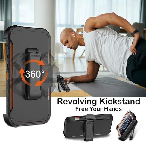 for iPhone 16e Case with Belt Clip Holster,Screen Protector X2,Heavy Duty Shockproof Drop Protection Military Grade 3 Layers Full Covered Rugged Durable Phone Cover for Apple 16e (Black Orange) in Saudi Arabia