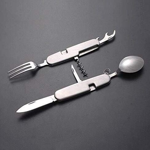 مجموعة شوكة وملعقة متعددة الوظائف 6 في 1/شوكة/ملعقة/سكين طاولة للتخييم في الهواء الطلق، حزمة عسكرية للمشي لمسافات طويلة والبقاء والتخييم (مجموعة واحدة) in Kuwait