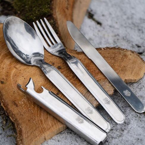 Original Hungarian army cutlery set 4 pieces. Eating utensils military issue spoon fork knife kit flatware multi-tool Camping bottle can opener stainless steel NEW in Kuwait