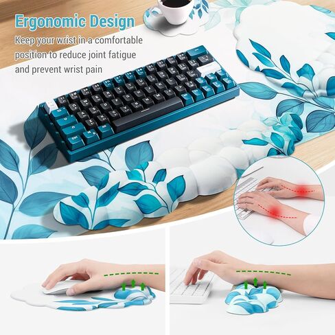 Conmputer Desk Mat Set, 4 in 1 Cloud-Shaped Ergonomic Wrist Rest Set, Mouse Pad with Non-Slip Base, Memory Foam Silicone Lining Keyboard Wrist Rest, Computers, Offices, Gaming, Blue Stained Leaves in Saudi Arabia