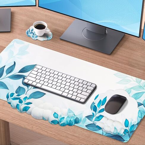 Conmputer Desk Mat Set, 4 in 1 Cloud-Shaped Ergonomic Wrist Rest Set, Mouse Pad with Non-Slip Base, Memory Foam Silicone Lining Keyboard Wrist Rest, Computers, Offices, Gaming, Blue Stained Leaves in Saudi Arabia