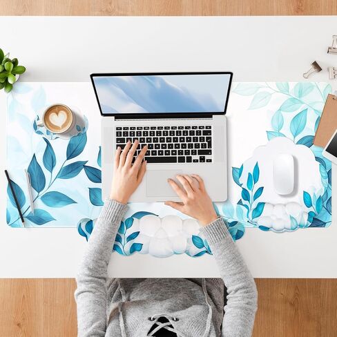 Conmputer Desk Mat Set, 4 in 1 Cloud-Shaped Ergonomic Wrist Rest Set, Mouse Pad with Non-Slip Base, Memory Foam Silicone Lining Keyboard Wrist Rest, Computers, Offices, Gaming, Blue Stained Leaves in Saudi Arabia