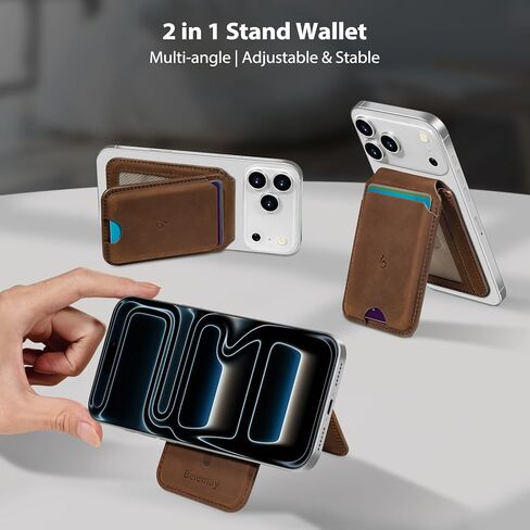 Belemay Strong Magnetic Wallet for MagSafe with Adjustable Stand, Crazy Horse Leather Card Holder, Up to 5 Cards, RFID Blocking, Slim for iPhone 17/16/15/14/13/12 Series Men & Women - Vintage Brown in Saudi Arabia
