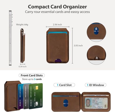 Belemay Strong Magnetic Wallet for MagSafe with Adjustable Stand, Crazy Horse Leather Card Holder, Up to 5 Cards, RFID Blocking, Slim for iPhone 17/16/15/14/13/12 Series Men & Women - Vintage Brown in Saudi Arabia