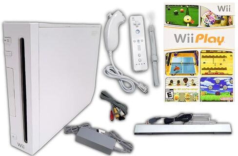 Wii Nintendo Console Bundle + Wii Play Multi-Game Disc | White RVL-001 System Also Compatible w/Gamecube Games | 1x Remote Controller, Nunchuck, Sensor Bar, Cables & AC Adapter (Renewed) in Saudi Arabia