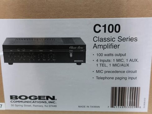 مضخم صوت Bogen C100 للعناوين العامة، 100 واط، 4 مضخم مدخلات، 70 فولت/25 فولت 16 أوم، مخرج مكبر صوت، تحكم ثلاثي وباس، حماية حرارية وإيقاف إلكتروني، قابل للتركيب على الرف in Kuwait