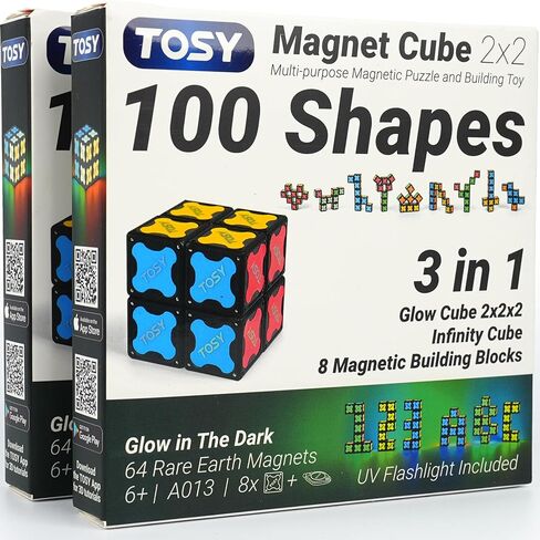 TOSY Magnet Cube 2x2 - 8 Blocks، لعبة 2in1: 2x2x2 مكعب أحجية ومكعب إنفينيتي قابل للتخصيص، متوهج مع مصباح يدوي للأشعة فوق البنفسجية، هدية عيد الميلاد للأطفال/الأحفاد، لعبة STEM، 4 عبوات in Kuwait