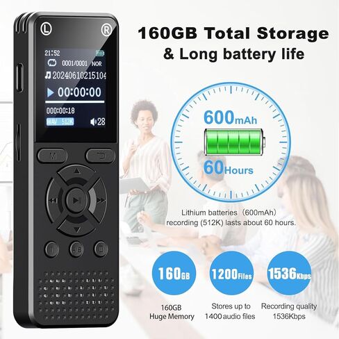 160GB Digital Voice Recorder, Portable Audio Recorder with Built-in Speaker, Voice Activated, WAV, A/B Repeat & Password Protection – Ideal for Meetings, Lectures & Interviews in Kuwait