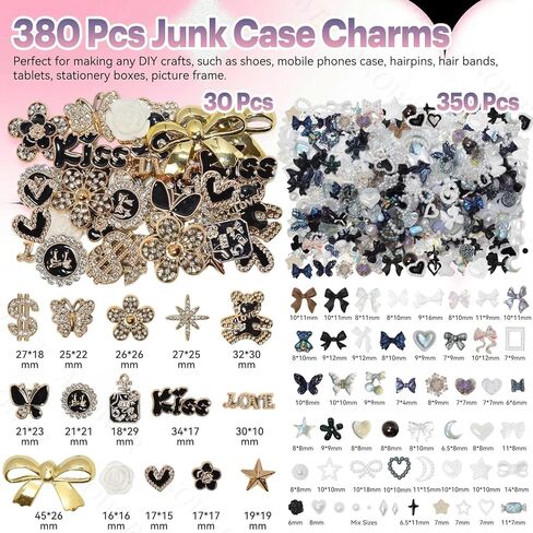 380 Pcs Magic Junk Case Charms Kit, Punk Big Junk Phone Cases Charm, Mixed Black Flatback Resin Heart Star Bow Flower Charms for Customizing Phone Case DIY Craft in Saudi Arabia