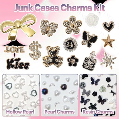 380 Pcs Magic Junk Case Charms Kit, Punk Big Junk Phone Cases Charm, Mixed Black Flatback Resin Heart Star Bow Flower Charms for Customizing Phone Case DIY Craft in Saudi Arabia