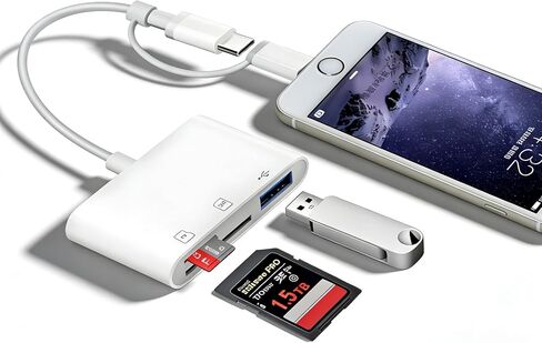 قارئ بطاقة SD لكاميرا iPhone iPad، USB C، محول كاميرا رقمية iPhone مع SD MicroSD USB-A 3 فتحات عارض بطاقة ذاكرة كاميرا Trail، محمول لا يتطلب تطبيق التوصيل والتشغيل in Kuwait