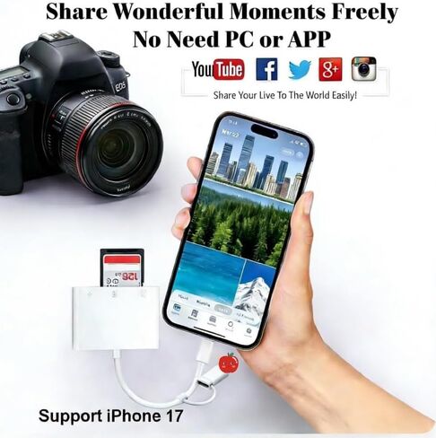 قارئ بطاقة SD لكاميرا iPhone iPad، USB C، محول كاميرا رقمية iPhone مع SD MicroSD USB-A 3 فتحات عارض بطاقة ذاكرة كاميرا Trail، محمول لا يتطلب تطبيق التوصيل والتشغيل in Kuwait