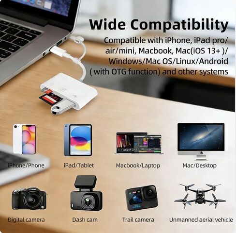 قارئ بطاقة SD لكاميرا iPhone iPad، USB C، محول كاميرا رقمية iPhone مع SD MicroSD USB-A 3 فتحات عارض بطاقة ذاكرة كاميرا Trail، محمول لا يتطلب تطبيق التوصيل والتشغيل in Kuwait