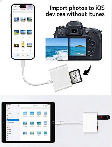 قارئ بطاقة SD لكاميرا iPhone iPad، USB C، محول كاميرا رقمية iPhone مع SD MicroSD USB-A 3 فتحات عارض بطاقة ذاكرة كاميرا Trail، محمول لا يتطلب تطبيق التوصيل والتشغيل in Kuwait
