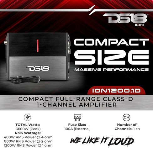 DS18 ION1200.1D مضخم صوت أحادي القناة قوي ومدمج ذو نطاق كامل 1200 وات RMS @ 1 أوم فئة D - مضخم صوت رقمي صغير للسيارة ذو قناة واحدة - متضمن التحكم في مستوى مضخم الصوت عن بعد (متجدد) in Kuwait