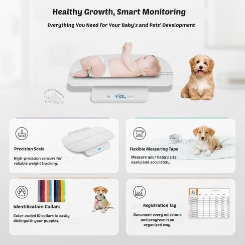 ميزان الأطفال وميزان الحيوانات الأليفة مع صينية 60 سم، مقياس رقمي 330 رطل - 150 كجم لحديثي الولادة والجرو والقطط والكلاب والبالغين، يتضمن شريط قياس، وياقة جرو وبطاقة تسجيل، وظيفة التثبيت/الفارغة، 5 تحويلات للوحدات in Kuwait
