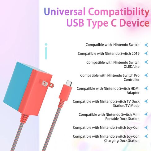 39 وات متوافق مع نينتندو سويتش للشحن السريع، مع سلك USB-C، متوافق مع سويتش أوليد، لايت، ستيم ديك - يدعم وضع التلفزيون (أحمر/أزرق) in Kuwait