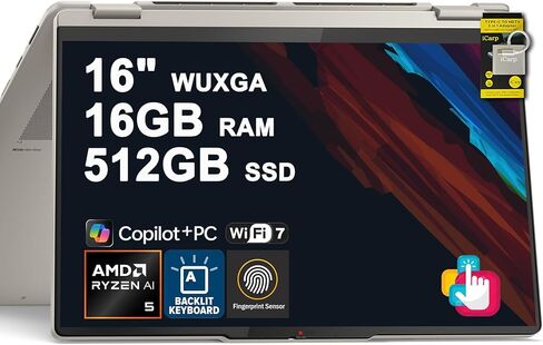 Lenovo Yoga 7 16 2-in-1 Laptop 16" WUXGA IPS Glossy Touch Intel 12-core Ultra 7 155U 16GB DDR5 1TB SSD Backlit Fingerprint for Creator Designer Business Professional Win11Pro ICP Hub w/Copilot AI in Saudi Arabia