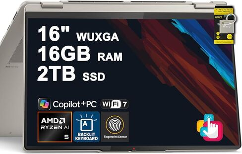 Lenovo Yoga 7 16 2-in-1 Laptop 16" WUXGA IPS Glossy Touch Intel 12-core Ultra 7 155U 16GB DDR5 1TB SSD Backlit Fingerprint for Creator Designer Business Professional Win11Pro ICP Hub w/Copilot AI in Saudi Arabia