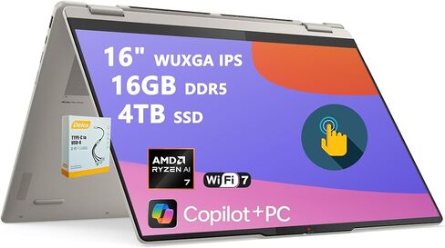 لينوفو يوجا 7 2 في 1 مساعد الطيار + كمبيوتر محمول AI | شاشة WUXGA IPS Touch مقاس 16 بوصة | AMD Ryzen AI 7 350 (ما يصل إلى 50 قطعة علوية) | 16 جيجابايت DDR5 1 تيرابايت SSD | لـ Creator Designer Business Professional Win11 Pro مع ملحق DLCA in Saudi Arabia