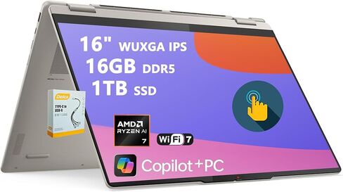لينوفو يوجا 7 2 في 1 مساعد الطيار + كمبيوتر محمول AI | شاشة WUXGA IPS Touch مقاس 16 بوصة | AMD Ryzen AI 7 350 (ما يصل إلى 50 قطعة علوية) | 16 جيجابايت DDR5 1 تيرابايت SSD | لـ Creator Designer Business Professional Win11 Pro مع ملحق DLCA in Saudi Arabia