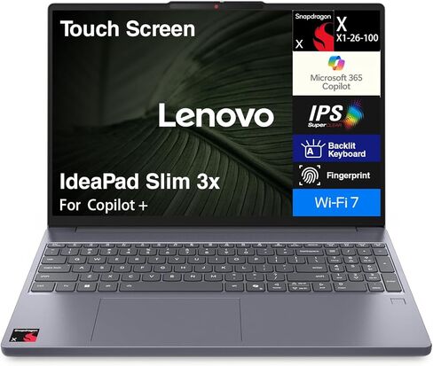 Lenovo IdeaPad Slim 3x Copilot + كمبيوتر محمول بشاشة لمس 15.3 بوصة WUXGA (Qualcomm Snapdragon X X1-26-100، 16 جيجابايت LPDDR5X، 1 تيرابايت M.2 SSD، Qualcomm Adreno، إضاءة خلفية، بصمة الإصبع، كاميرا ويب 720 بكسل، ويندوز 11 هوم) in Saudi Arabia