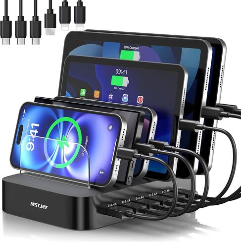 محطة شحن MSTJRY لأجهزة متعددة: محطات شحن USB ذات 6 منافذ - قاعدة شحن منظم متعدد الأجهزة للعائلة - مصممة لأجهزة iPhone iPad وAndroid والهواتف المحمولة والكمبيوتر اللوحي والإلكترونية، أسود in Kuwait