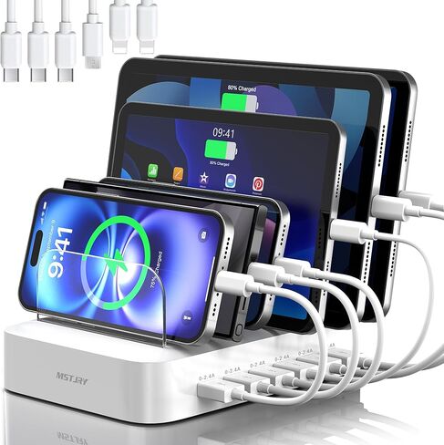 محطة شحن MSTJRY لأجهزة متعددة: محطات شحن USB ذات 6 منافذ - قاعدة شحن منظم متعدد الأجهزة للعائلة - مصممة لأجهزة iPhone iPad وAndroid والهواتف المحمولة والكمبيوتر اللوحي والإلكترونية، أسود in Kuwait