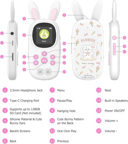 مشغل Mp3 للأطفال، مشغل Mp3 لطيف الأرنب للأطفال مع بلوتوث، مشغلات Mp3 بسعة 32 جيجابايت مع مكبر صوت، راديو FM، تسجيلات، منبه، عداد الخطى، ساعة إيقاف، يدعم حتى 128 جيجابايت in Saudi Arabia