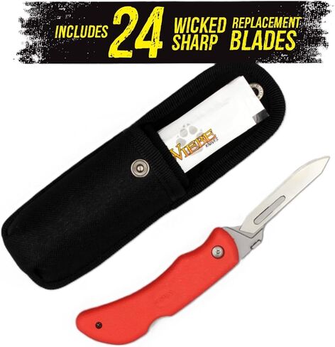 Wiebe Red Fox Folding Skinning Knife - Wicked Sharp Replaceable Scalpel Blades (24 Included) & Sheath - High-Visibility Red No-Slip Comfort Grip - for Hunting & Skinning in Kuwait