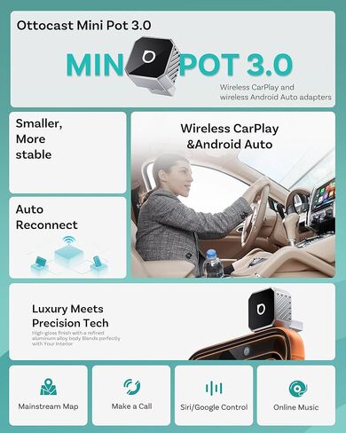 محول OTTOCAST USB-C Mini 3.0 اللاسلكي CarPlay & Android Auto - لهاتف Apple iPhone/Android Phone، دونجل بلوتوث لاسلكي متعدد المستخدمين 2 في 1 من النوع C، للسيارات المزودة بسلك CarPlay/Android Auto (فضي) in Saudi Arabia