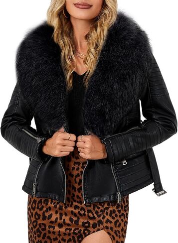 Bellivera Women's Faux Leather Jacket Moto Biker Sherpa-Lined Coat with Removable Fur Collar in Saudi Arabia