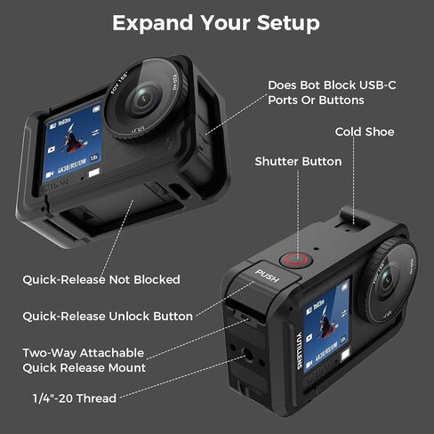 قفص كاميرا من الألومنيوم متوافق مع DJI Osmo Action 6 - حذاء بارد بغطاء سريع التحرير وخيط 1/4 بوصة - 20 لمدونات الفيديو ومغامرات ركوب الدراجات in Kuwait