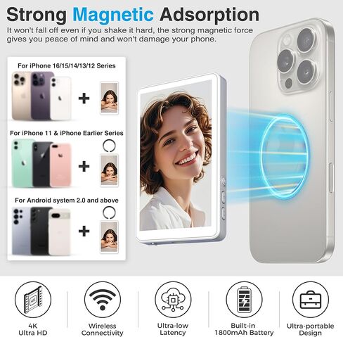 Selfie Monitor Screen Phone- Magnetic Phone Vlog Back Camera Selfie Monitor - 1080P Display can Wirelessly Connect to Mobile Phones - Selfie Screen Compatible with iPhone & Android (White) in Saudi Arabia