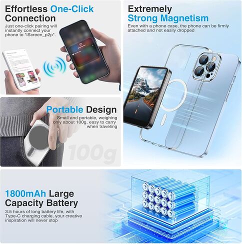 Selfie Monitor Screen Phone- Magnetic Phone Vlog Back Camera Selfie Monitor - 1080P Display can Wirelessly Connect to Mobile Phones - Selfie Screen Compatible with iPhone & Android (White) in Saudi Arabia