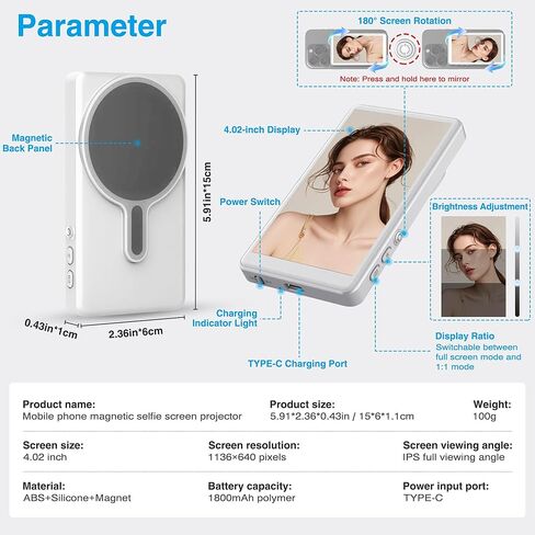 Selfie Monitor Screen Phone- Magnetic Phone Vlog Back Camera Selfie Monitor - 1080P Display can Wirelessly Connect to Mobile Phones - Selfie Screen Compatible with iPhone & Android (White) in Saudi Arabia