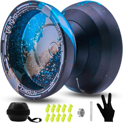 FETESNICE Y26 Professional Butterfly Yo-Yo - الوضع المزدوج المستجيب/غير المستجيب للإصبع يدور يويو للأطفال والكبار ولاعبي المنافسة | برو يو يو مع 10 خيوط + حافظة وقفازات (أزرق وأحمر فضي) in Kuwait