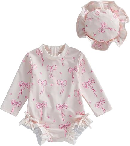 Toddler Baby Girl One Piece Swimsuit with Sun Hat Long Sleeve Rash Guard Back Zipper Ruffle Bathing Suit Swimwear in Saudi Arabia