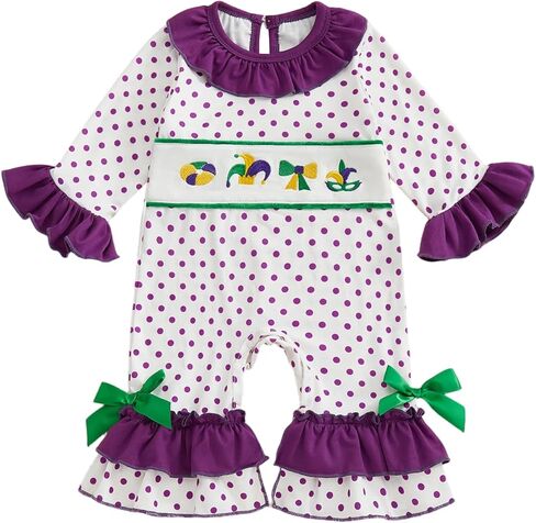 Mardi Gras Baby Outfit Girls Bell Long Sleeve Romper Embroidery Smocked Outfit Spring Clothes Newborn Outfits in Saudi Arabia