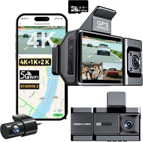 3 Channel Rear View Mirror Camera, 4K+1080P+1080P Front Inside and Rear Car Camera, 12" Touch Screen Backup Camera with 5GHz WiFi GPS, 24H Parking Mode, HDR Night Vision, G Sensor, Free 128G Card in Saudi Arabia
