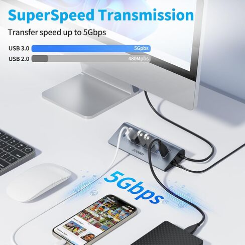 Powered USB Hub, JESWO 7-Port USB 3.0 Hub, Aluminum USB Data Hub with 3.3ft Cable, USB Hub 3.0 Powered with 20W Power Adapter for MacBook, Mac Pro/mini, iMac, XPS, PC, USB-Flash Drives, etc. (Black) in Kuwait