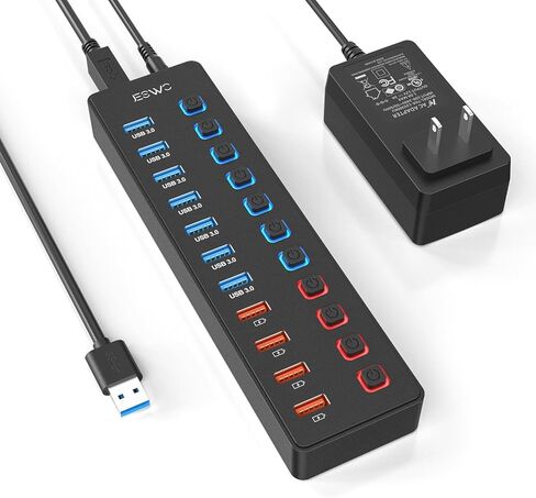 Powered USB Hub, JESWO 7-Port USB 3.0 Hub, Aluminum USB Data Hub with 3.3ft Cable, USB Hub 3.0 Powered with 20W Power Adapter for MacBook, Mac Pro/mini, iMac, XPS, PC, USB-Flash Drives, etc. (Black) in Kuwait