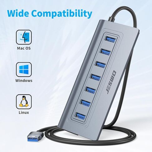 Powered USB Hub, JESWO 7-Port USB 3.0 Hub, Aluminum USB Data Hub with 3.3ft Cable, USB Hub 3.0 Powered with 20W Power Adapter for MacBook, Mac Pro/mini, iMac, XPS, PC, USB-Flash Drives, etc. (Black) in Kuwait