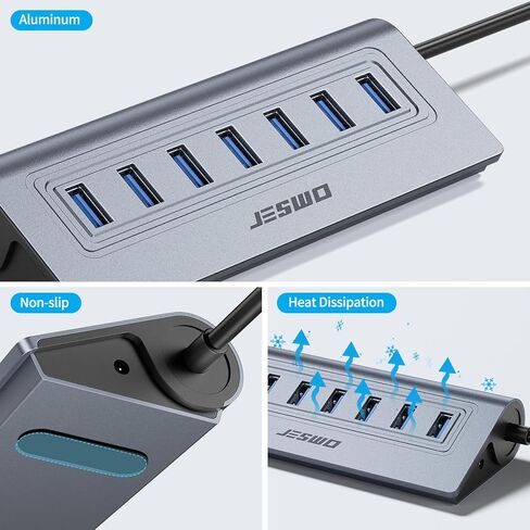 Powered USB Hub, JESWO 7-Port USB 3.0 Hub, Aluminum USB Data Hub with 3.3ft Cable, USB Hub 3.0 Powered with 20W Power Adapter for MacBook, Mac Pro/mini, iMac, XPS, PC, USB-Flash Drives, etc. (Black) in Kuwait