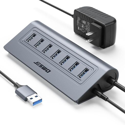 Powered USB Hub, JESWO 7-Port USB 3.0 Hub, Aluminum USB Data Hub with 3.3ft Cable, USB Hub 3.0 Powered with 20W Power Adapter for MacBook, Mac Pro/mini, iMac, XPS, PC, USB-Flash Drives, etc. (Black) in Kuwait