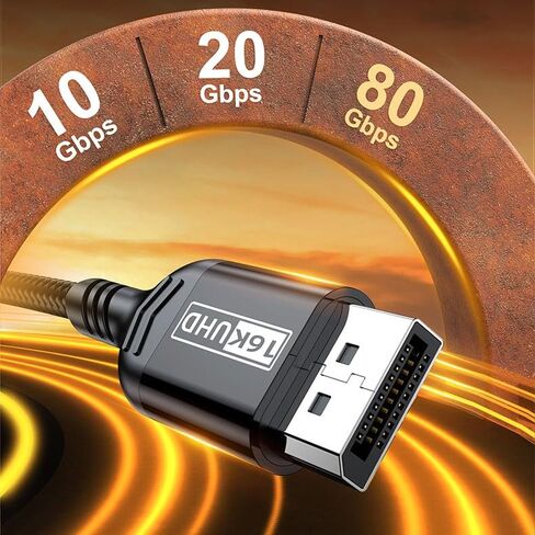 كابل DisplayPort 2.1، كابل DP 2.1 عالي السرعة 80 جيجابت في الثانية، 16K@60 هرتز، 8K@120 هرتز، 4K@240 هرتز، يدعم HDR الديناميكي/HDCP/DSC و3D، كمبيوتر ألعاب G-Sync FreeSync، شاشة ألعاب، مضفر، 6.6 قدم، أسود in Saudi Arabia