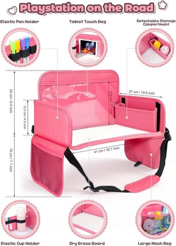 Leather Kids Travel Tray for Car - Car Seat Tray for Kids Travel, Road Trip Essentials, Carseat Table for Roadtrip Activities - Must Have Toddler Lap Desk Organizer for Airplane (Pink) in Saudi Arabia